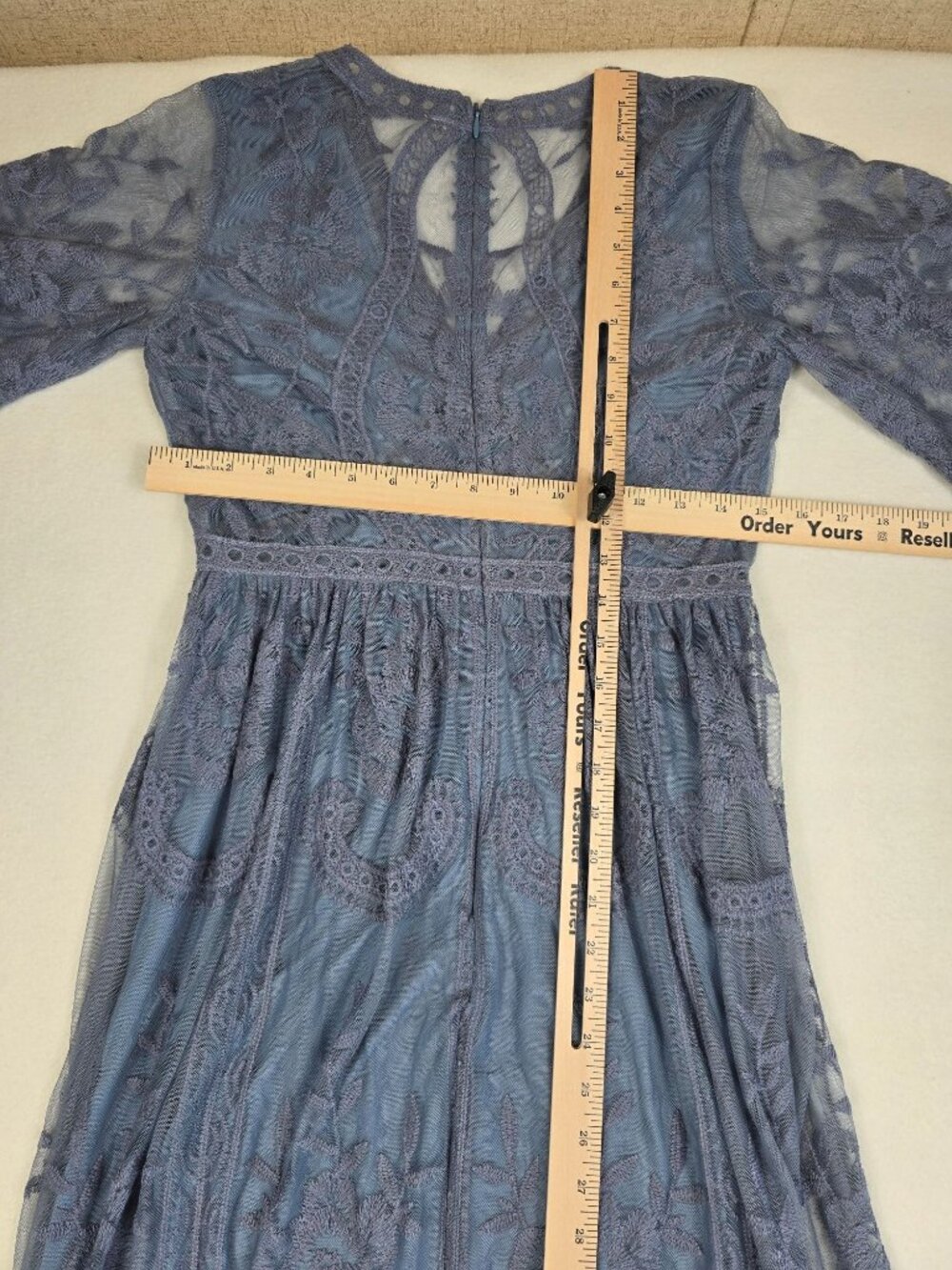 PinkBlush Small Blue Lace Mesh Overlay Maxi Dress Boho Fairy Feminine Empire Wai - Picture 7 of 8